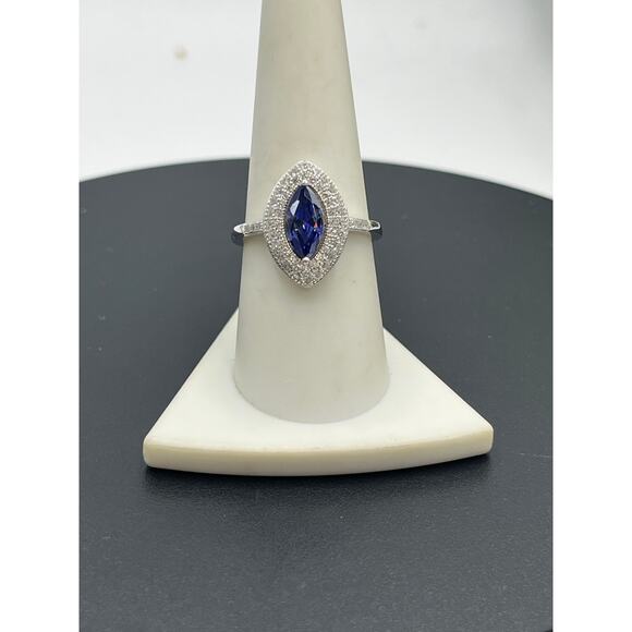 Sterling Silver Marquise Iolite CZ Double Halo Ring Size 8.75 Vintage Style - Picture 2 of 10